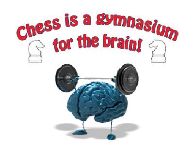 An Illustrated image of a brain with text chess is a gymnasium for the brain written in a white background. 